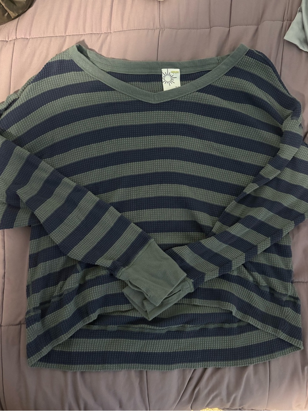 Striped V-Neck Waffle Knit Top - Olive & Navy